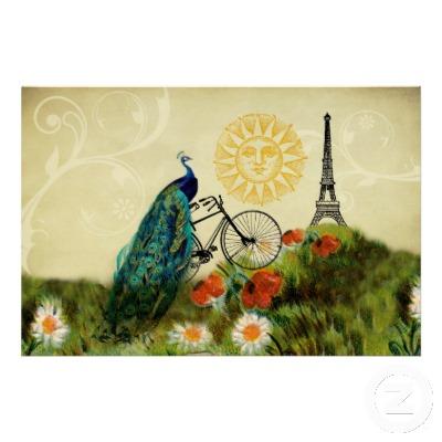 Foto Arte del pavo real del vintage con la torre Eiffel Posters