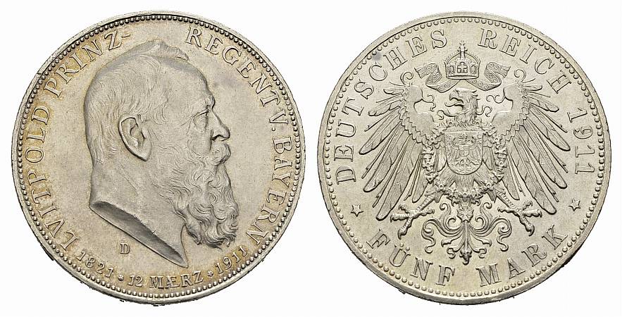 Foto Bayern, KÖNigreich 5 Mark 1911, 90 Geburtstag und