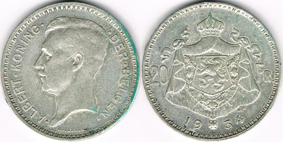Foto Belgien 20 Francs 1934
