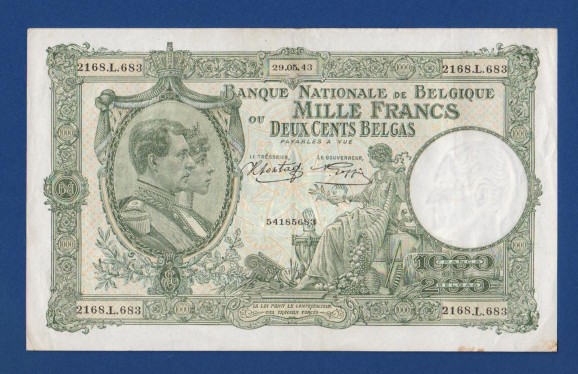 Foto Belgien/Belgique 1000 Franc/200 Belgas 29 05 1943