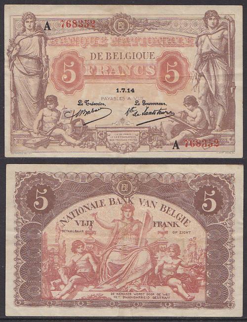 Foto Belgium 5 Francs 1914