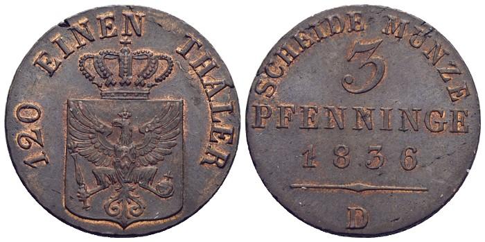 Foto Brandenburg-Preussen Cu-3 Pfennig 1836 D