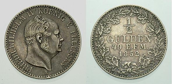 Foto Brandenburg-Preussen Für Hohenzollern, 1/2 Gulden 1852