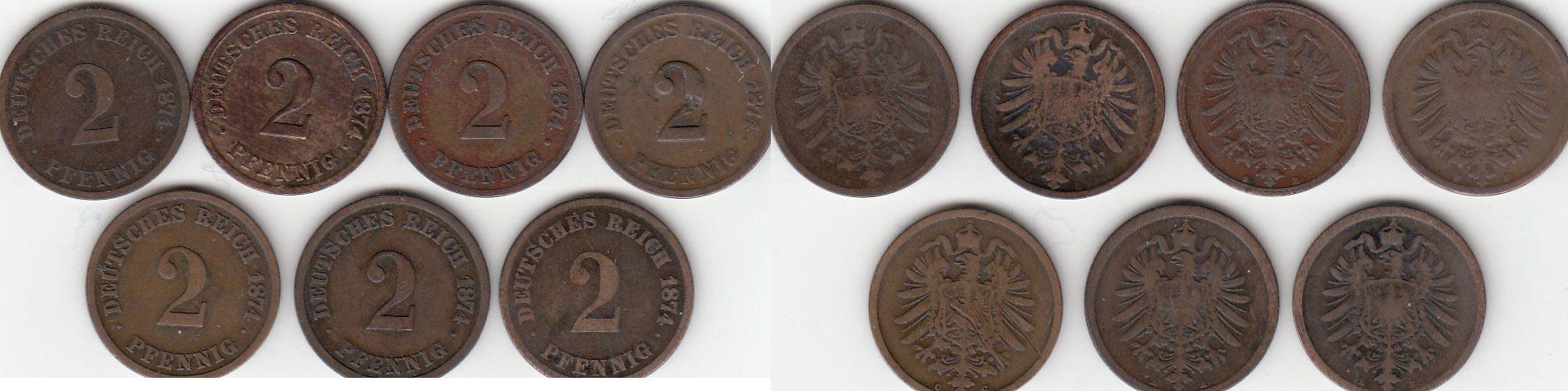 Foto Deutsches Kaiserreich 2 Pfennig: Lot aus 7 Münzen 1874