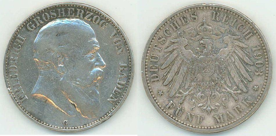Foto Deutsches Kaiserreich, Baden 5 Mark 1903 G