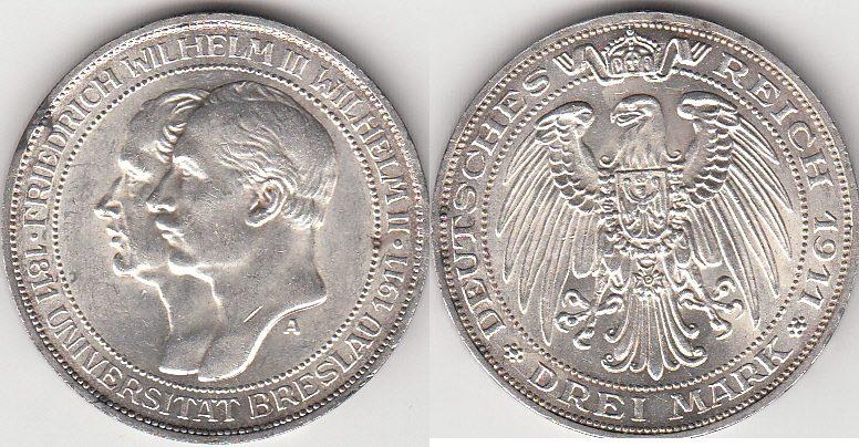 Foto Deutsches Kaiserreich, Preußen 3 Mark 1911 A