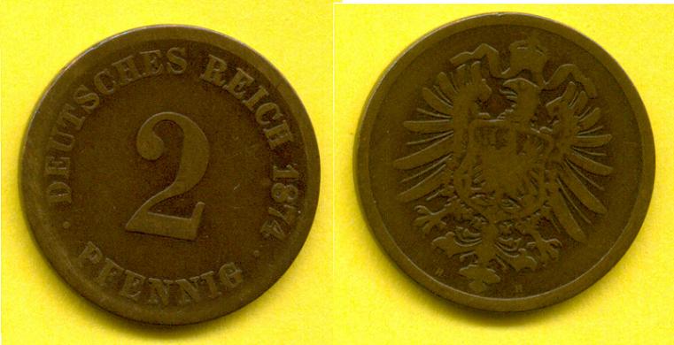 Foto Deutsches Reich, Kaiserreich 2 Pfennig 1874 H