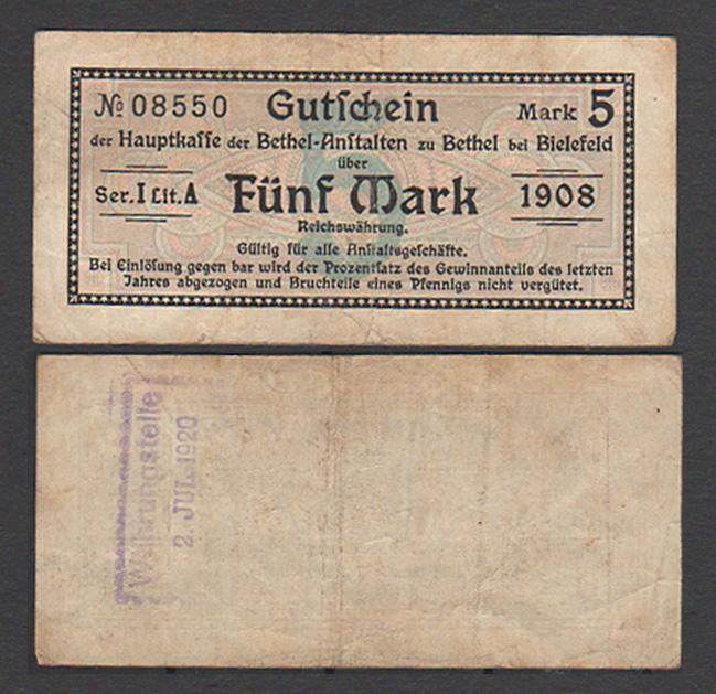 Foto Deutschland,Bethel b Bielefeld Nr 08931 Gutschrift 5 Mark 1908