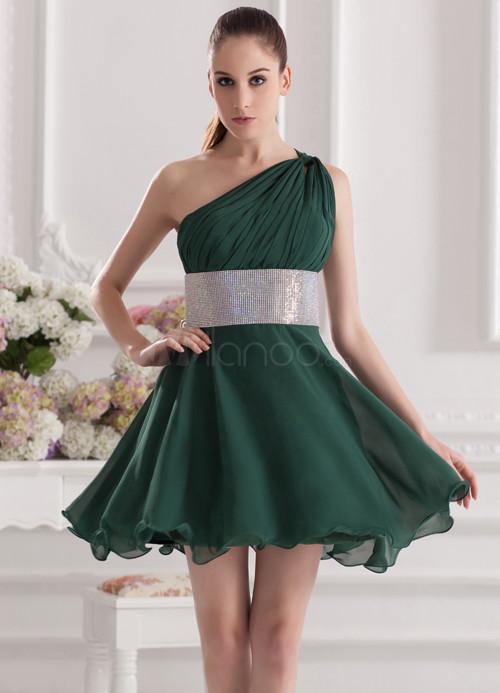 Foto Encantador oscuro verde un hombro corto novia vestido de Dama de honor