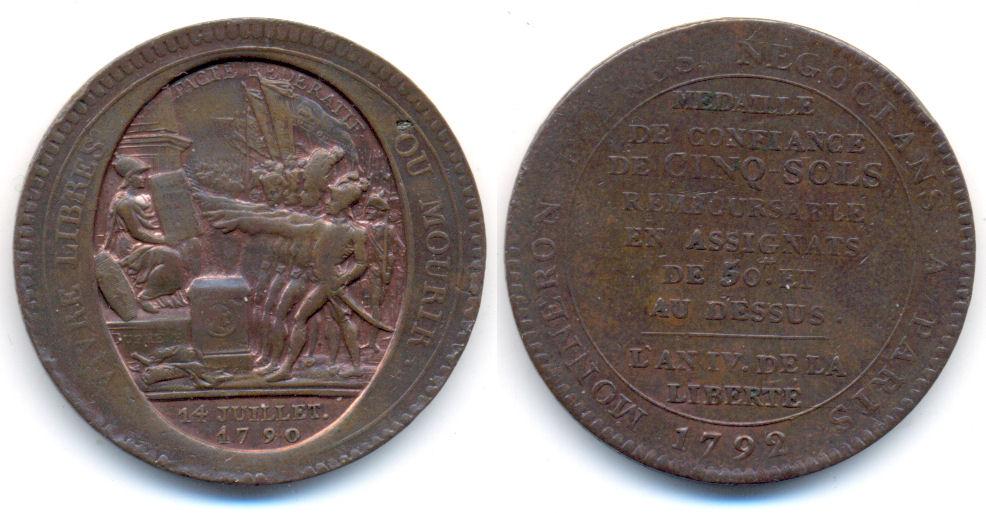 Foto Frankreich: Constitution, 1791-1792 Bronzemedaille de confiance zu 5 S