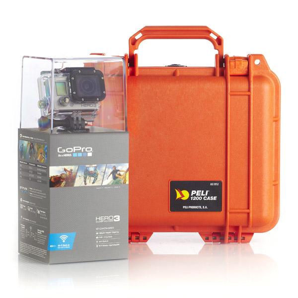 Foto Go-Pro Cámara HD HERO3 Silver Edition + maleta de transporte Peli 1200 naranja