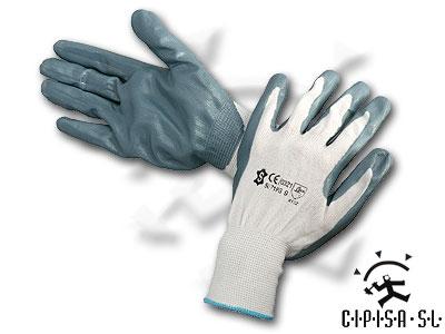 Foto Guante nylon blanco, con puño elástico, recubrimiento en palma y dedos de nitrilo en color gris