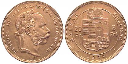 Foto Haus Habsburg 8 Gulden = 20 Francs Gold 1874
