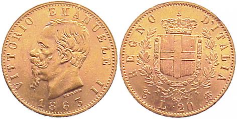 Foto Italien-Königreich 20 Lire Gold 1863