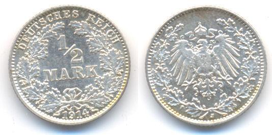 Foto Kaiserreich: Kleinmünzen 1/2 Mark 1914 J