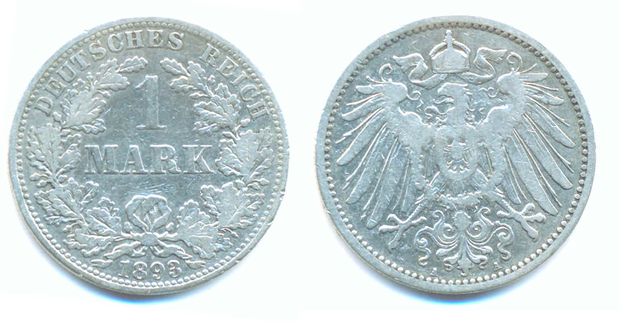 Foto Kaiserreich-KleinmÜNzen: 1 Mark, grosser, 1893 A,