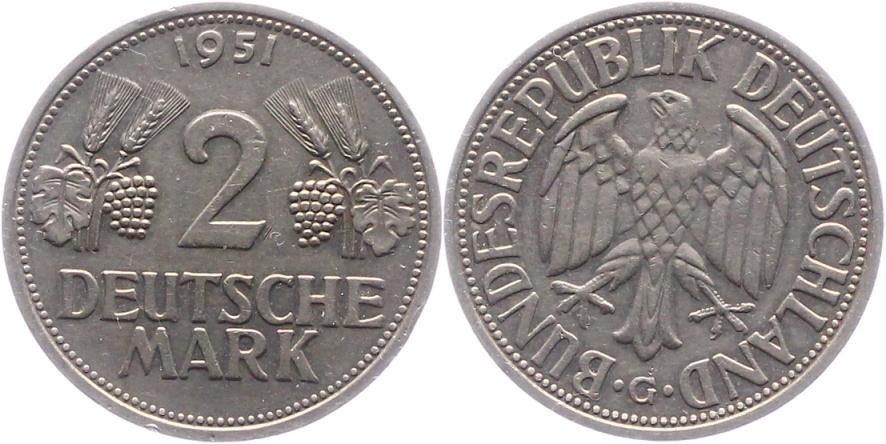 Foto Münzen der Bundesrepublik Deutschland 2 Mark 1951 G