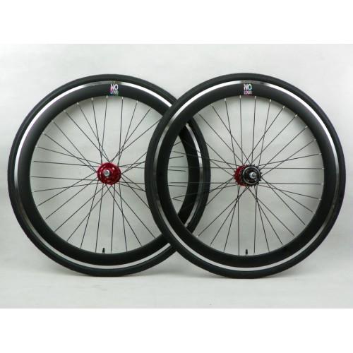 Foto No Logo All Black/Red Hubs Spokes 50mm Fixie Wheelset - Flip Flop Hubs Includes Tyres & Tubes