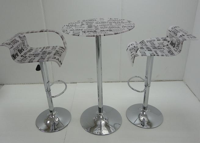 Foto Pack CV-00, mesa alta + 2 taburetes, cromado, acrílico decorado