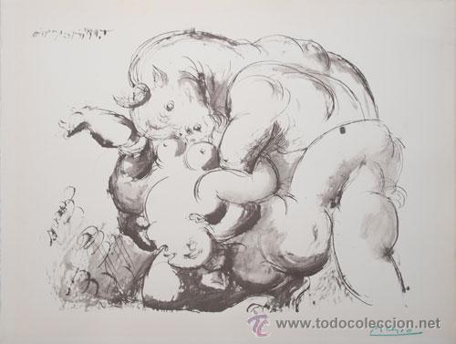 Foto picasso / minotauro y mujer desnuda litografía firmada en planc