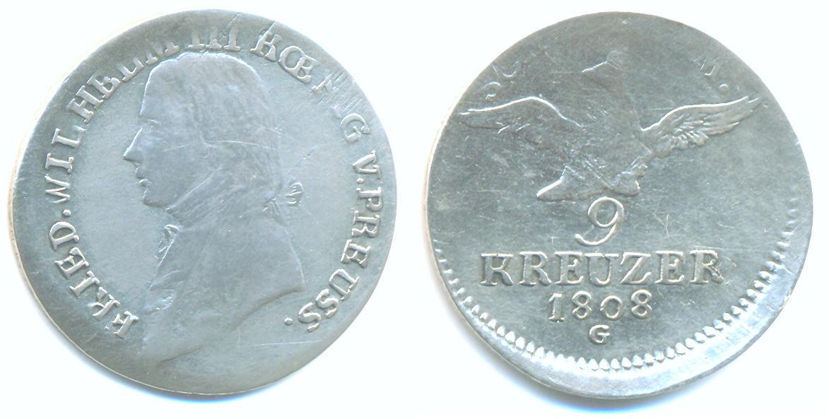 Foto Preussen: 9 Kreuzer 1808 G = Glatz für Schlesien