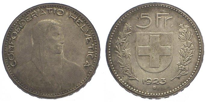 Foto Schweiz-Eidgenossenschaft 5 Franken 1923 B