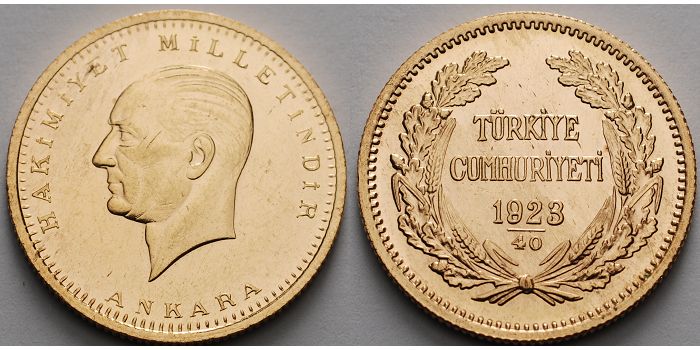 Foto Türkei 250 Piaster, 2,5 Lira, 16,58 g fein 27,00mm Ø 1923/40