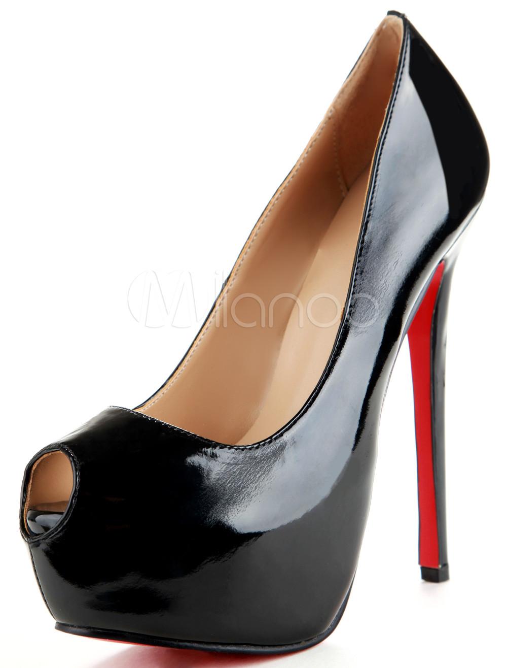 Foto Zapatos negros de tacón Peep Toe de plataforma charol Womens alta