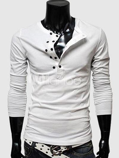 Foto Blanco joya cuello mangas largas de algodón camiseta de los hombres foto 693084