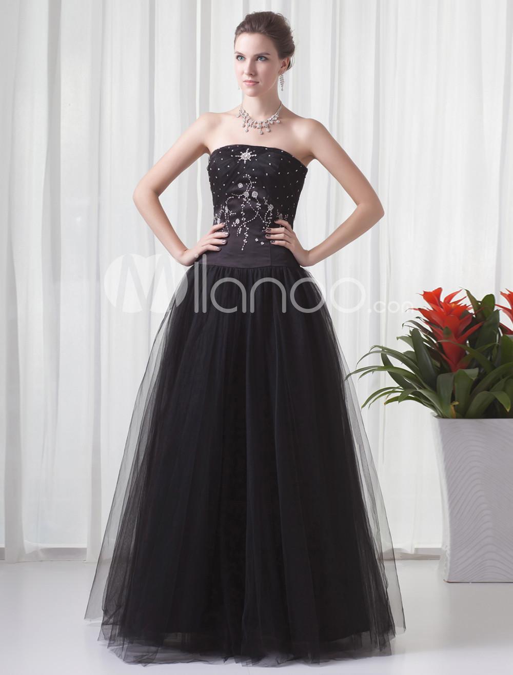 Foto Bola vestido de fiesta vestido rebordear neto negro sin tirantes piso de longitud femenina foto 303885