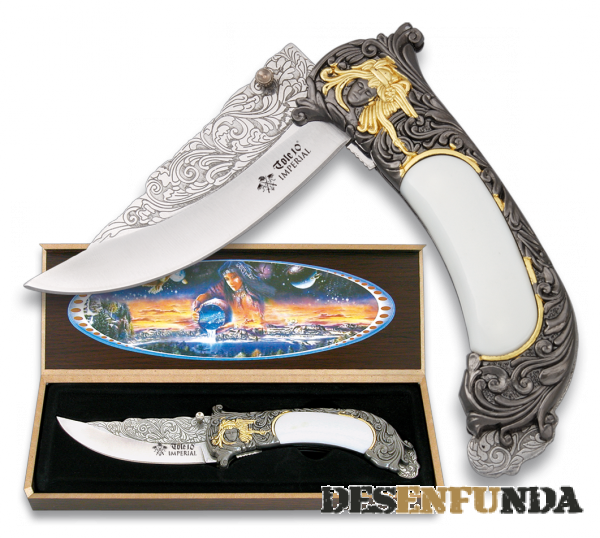 Foto Cuchillo fantasía Toledo Imperial decorado Aguila con hoja de acero inox de 9 cm y mango abs incluye caja de madera 31508 foto 381797