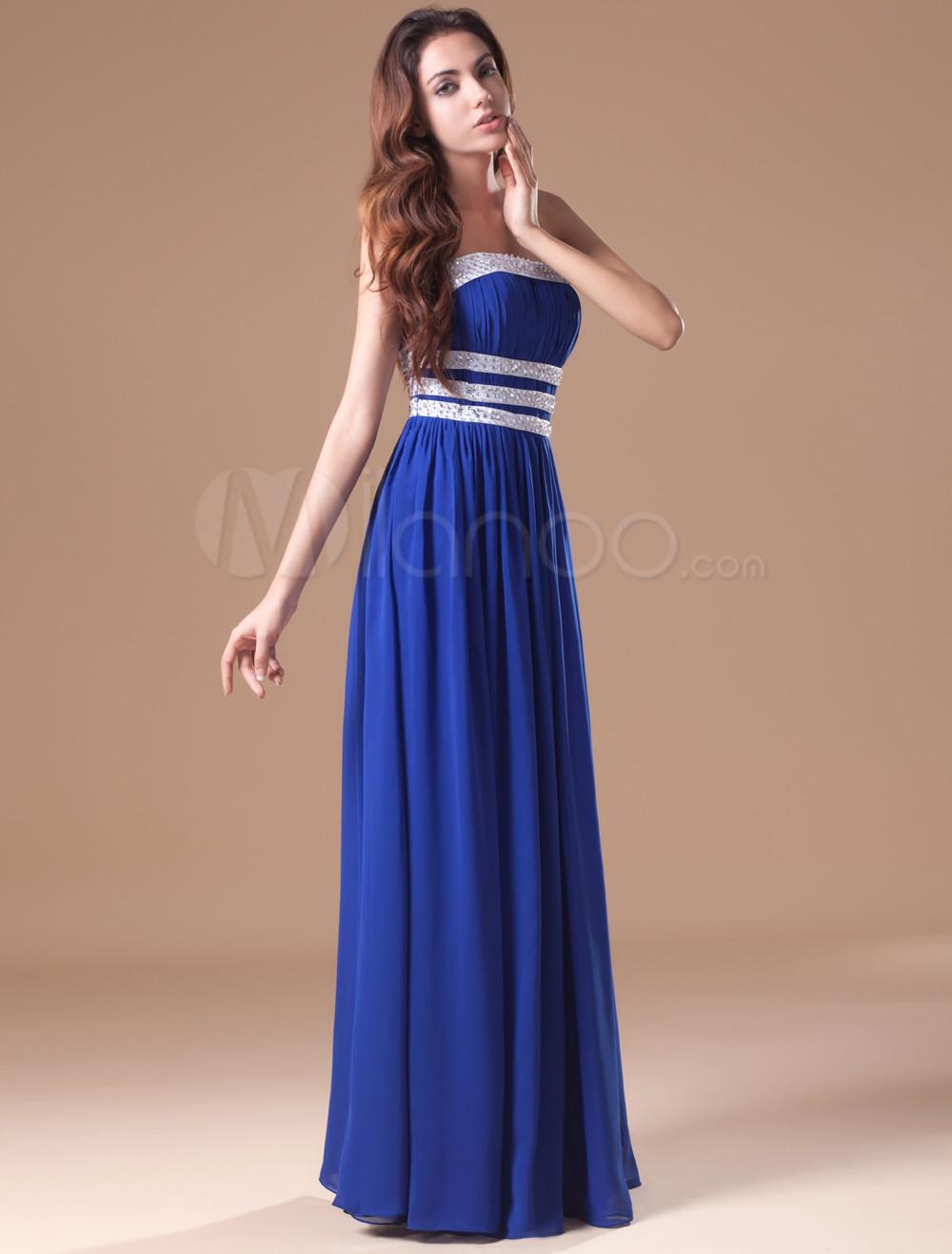 Foto Gasa azul elegante vestido de noche sin tirantes de la mujer foto 316555