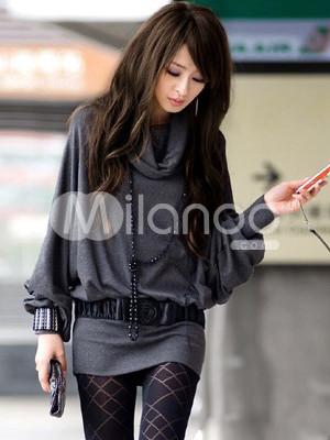Foto Gris elegante vestido de suéter de algodón manga larga mujer de punto foto 394380