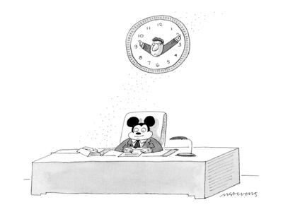 Foto Lámina giclée de primera calidad Mickey Mouse sitting at a desk with a human being clock above his head. - New Yorker Cartoon de Mick Stevens, 30x23 in. foto 656762