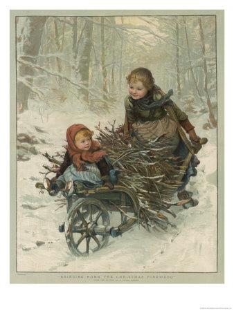 Foto Lámina giclée Two Children Bring Home a Barrow-Load of Firewood for the Christmas Fire de E. Blume, 61x46 in. foto 558310