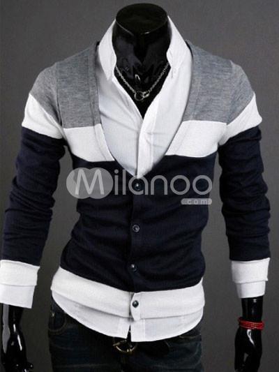 Foto Popular Color azul marino oscuro bloqueo chaqueta de cuello v algodón mezcla los hombres foto 683190