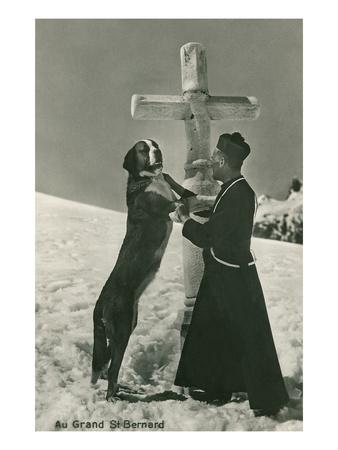 Foto Premium Poster St. Bernard Dog Wtih Priest at Cross, 61x46 in. foto 627028