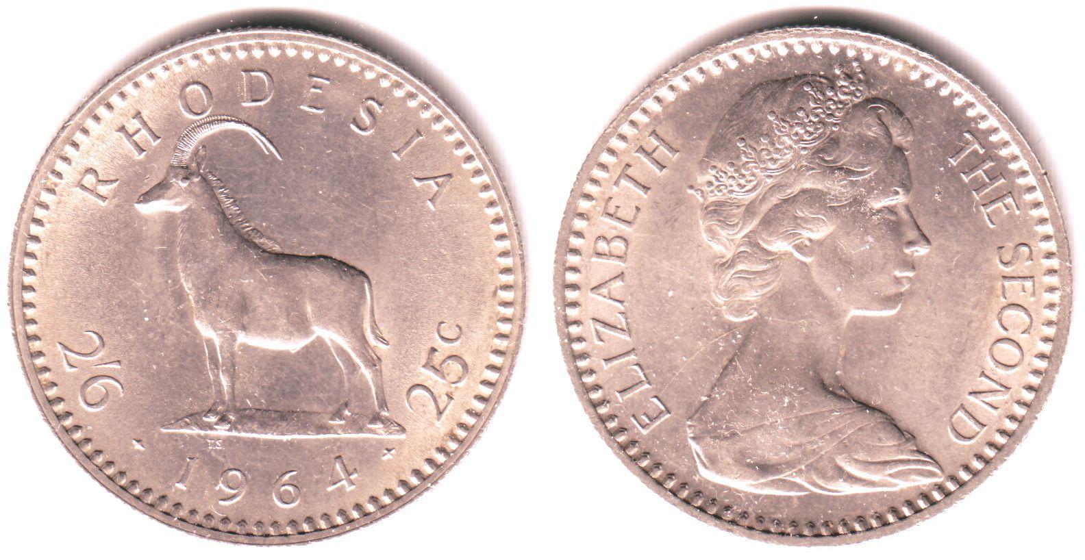 Foto Rhodesien Simbabwe 2 Shilling + 6 Pence = 25 Cent 1964 foto 530038