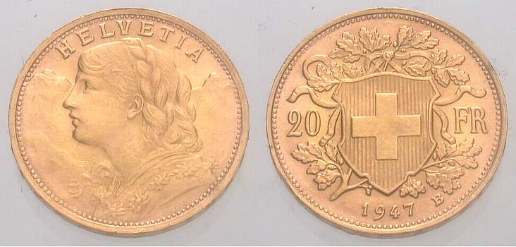 Foto Schweiz-Eidgenossenschaft 20 Franken Gold 1947 B foto 341176