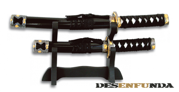 Foto Set de 2 Katanas Toledo Imperial mango encordado y hoja de acero carbono tamaños 17.5 y 11.5 cm con peana 31581 foto 381785