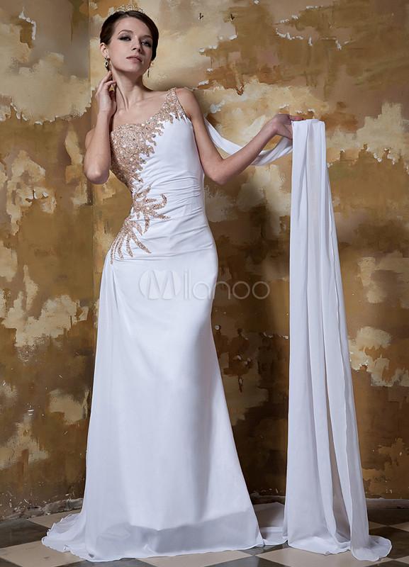 Foto Vestido de noche blanco de gasa y de satén elástico con un solo hombro ajustado de cola Watteau foto 881391